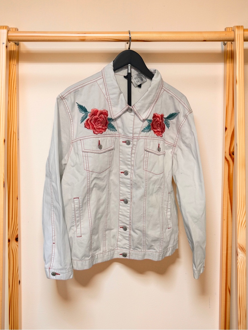 Bob Mackie White Denim Jacket with Red Rose Embroidery